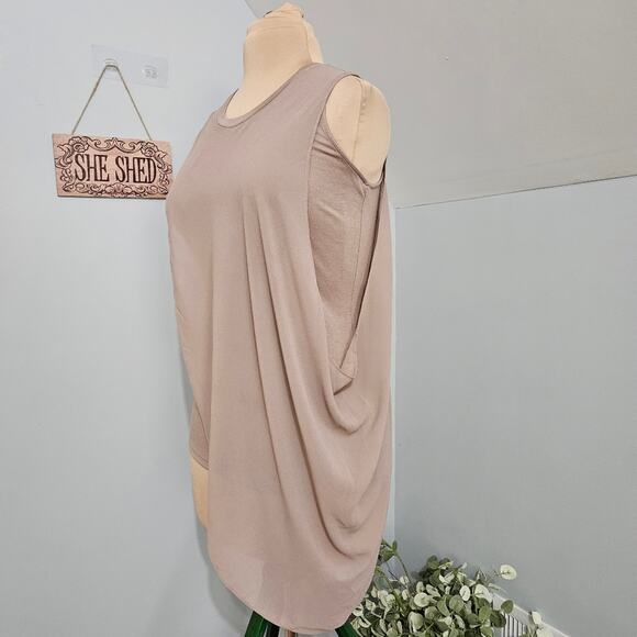 Lisa Rinna Twofer Taupe Asymmetric Chiffon Overlay Jersey Knit Tank Top - Picture 4 of 10